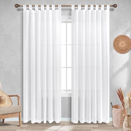 Miniatura 2 de KOUFALL Cortinas de lino blanco de 84 pulgadas de largo para sala de estar, juego de 2 paneles con pestaña superior, lazos para atar en la parte