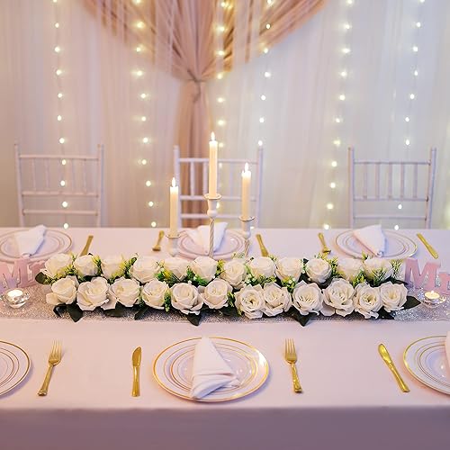 Miniatura 3 de BLOSMON Mesa de comedor de boda, centro de mesa de flores, arco de rosas de seda, arreglo floral, 10 piezas, decoración de camino de mesa, centro