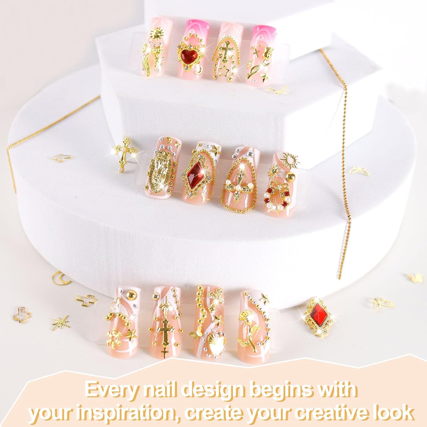 SIUSIO Gold Nail Charms and Gems Kit, 5 Boxes Metallic Nail Art Gems Flatback Crystal Champagne Rhinestones Gold Caviar Beads 3D Cross Stars Rose Hearts Virgin Mary Bow Gemstones for Nails Manicure - Image 6
