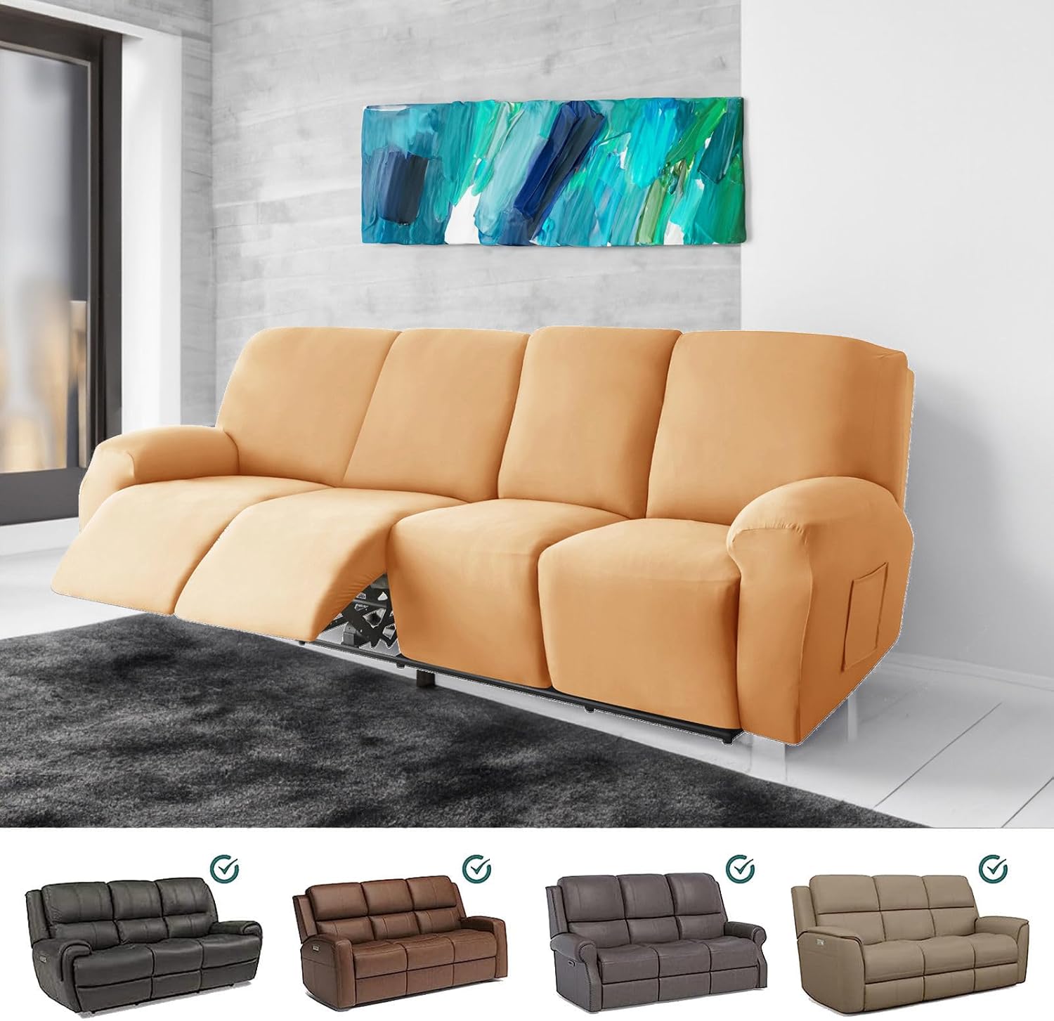 10-Piece Recliner Chair Covers Waterproof, Stretch Soft Polyester Lazy boy Reclining Sofa slipcover with Side Pockets Armchair Covers for Kids-Camel-4 Seat
