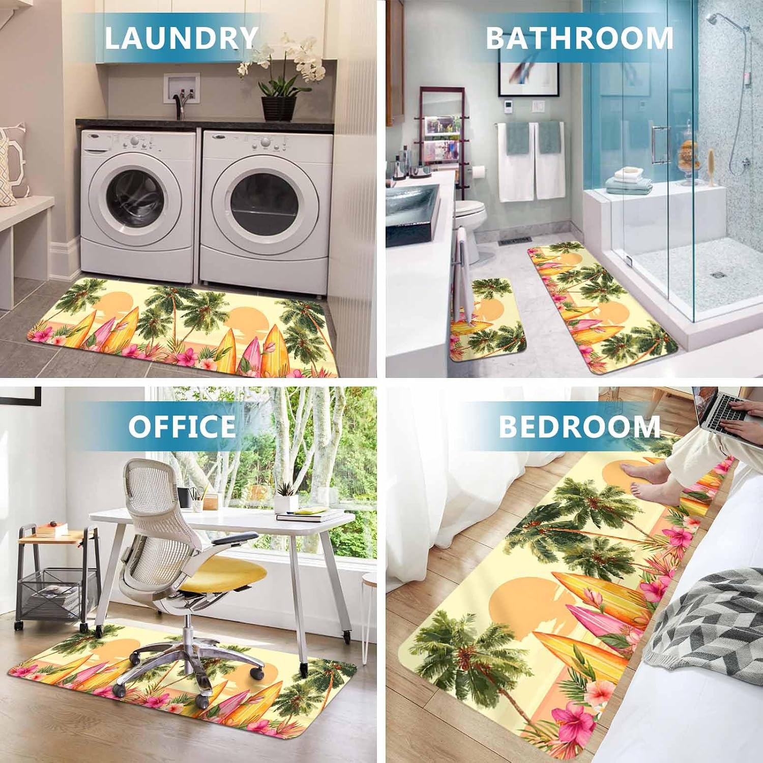 Summer Sunset Kitchen Mat Set 2 Pieces Coconut Trees Pink Flower Surfboard Tropical Plant Yellow Non Slip Kitchen Rugs Washable Runner Rug Mats for Sink Laundry (15.7" x 23.6"+15.7" x 47.2")