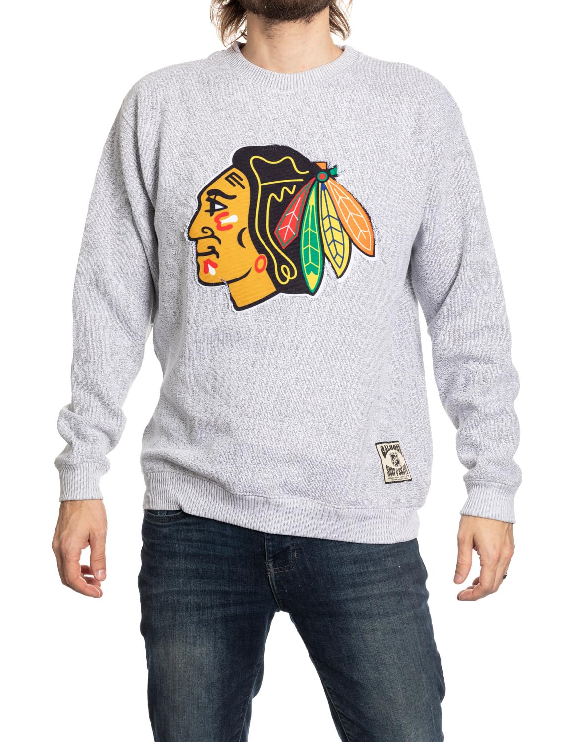 Calhoun NHL Surf & Skate Unisex Cabin Crew Neck Sweater with Premium Cotton Blend & Frayed Team Logo Crest (Chicago Blackhawks, Large)
