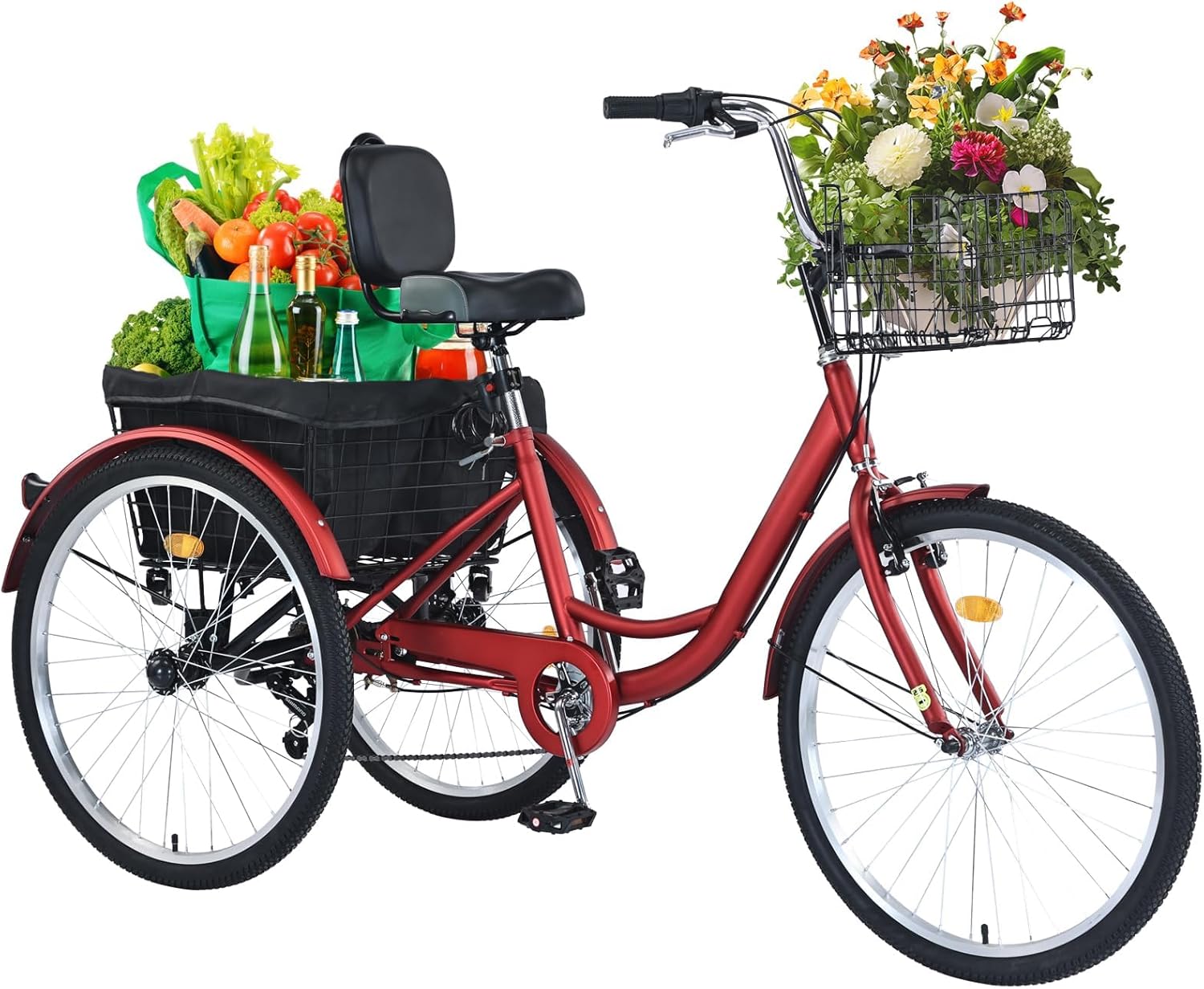 26-Inch Adult Tricycle, 7-Speed 3-Wheel Bike, Upgraded Wider Seat with Backrest, Removable Front Basket and Rear Frame with Wheel Tie Downs, Cruising Bike for Seniors, Women, Men