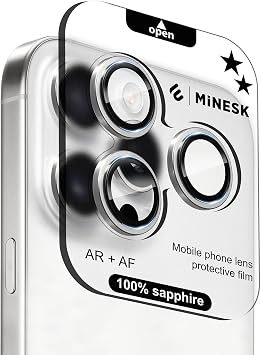 Original Sapphire Glass (99.9% Purity Real Sapphire) Compatible with Minesk iPhone 15 Pro / 15 Pro Max Same Material Lens Protective Camera Glass (Silver) as Device's Own Lenses