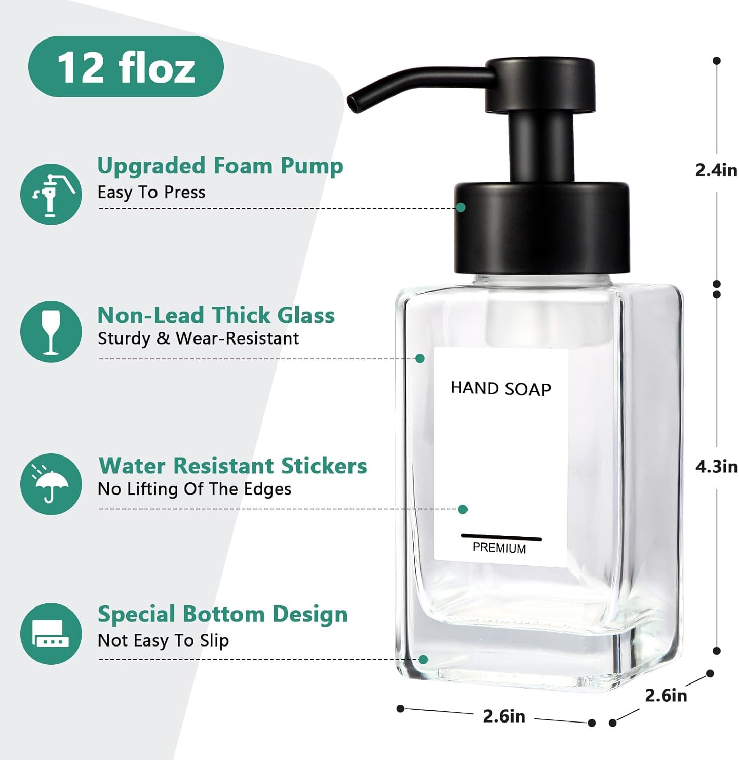 Foaming Soap Dispenser 2 Pack, 12oz/350ml Glass Foaming Hand Soap Dispenser Set with Stainless Steel Pump, Square Refillable Foam Pump Bottles for Bathroom&Kitchen,Includes 6 Labels - Image 2