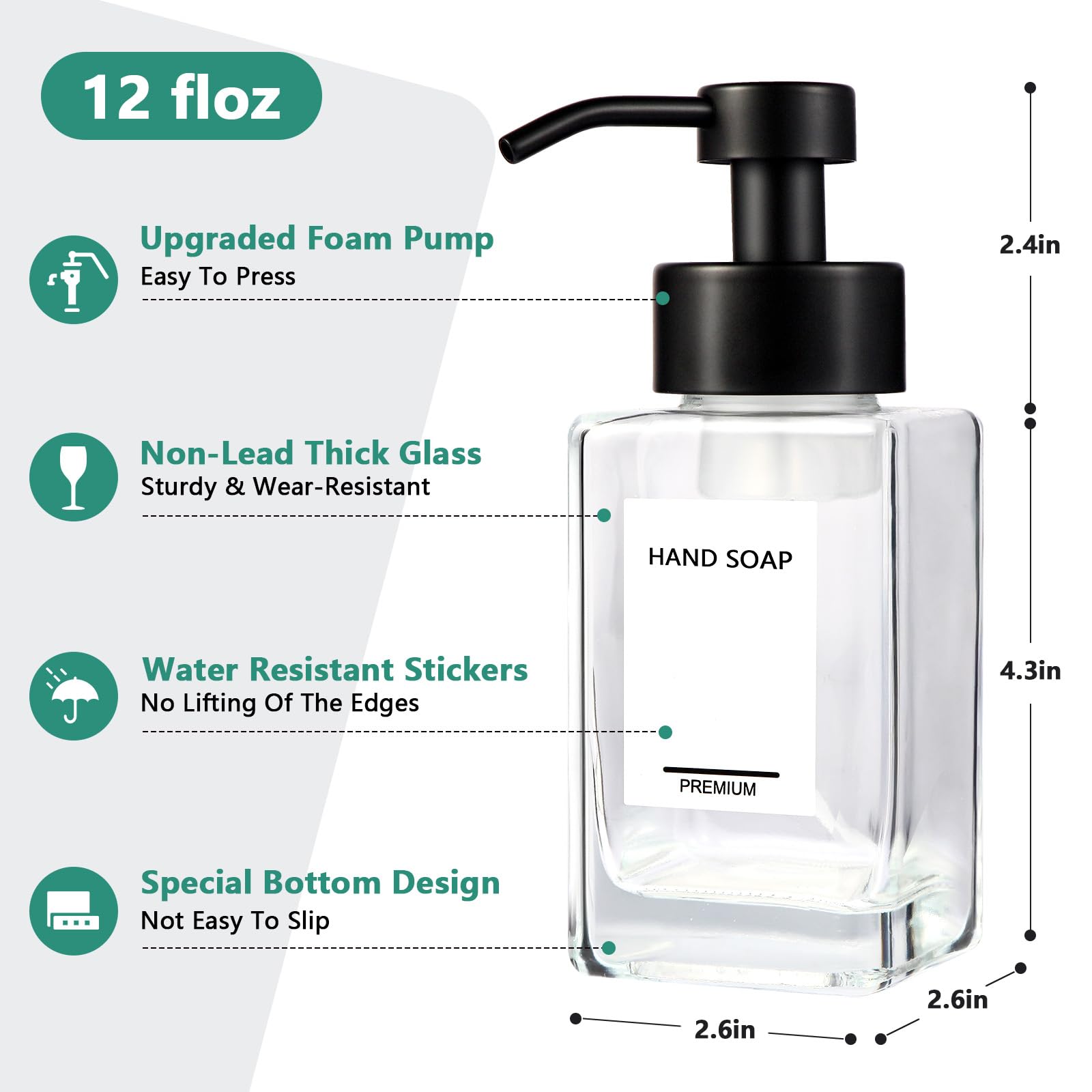 PLOUTA HOME Foaming Hand Soap Dispenser 2 Pack, 12oz/350ml Glass Foaming Soap Dispenser Set with Stainless Steel Pump, Square Refillable Foam Pump Bottles for Bathroom&Kitchen,Includes 6 Labels