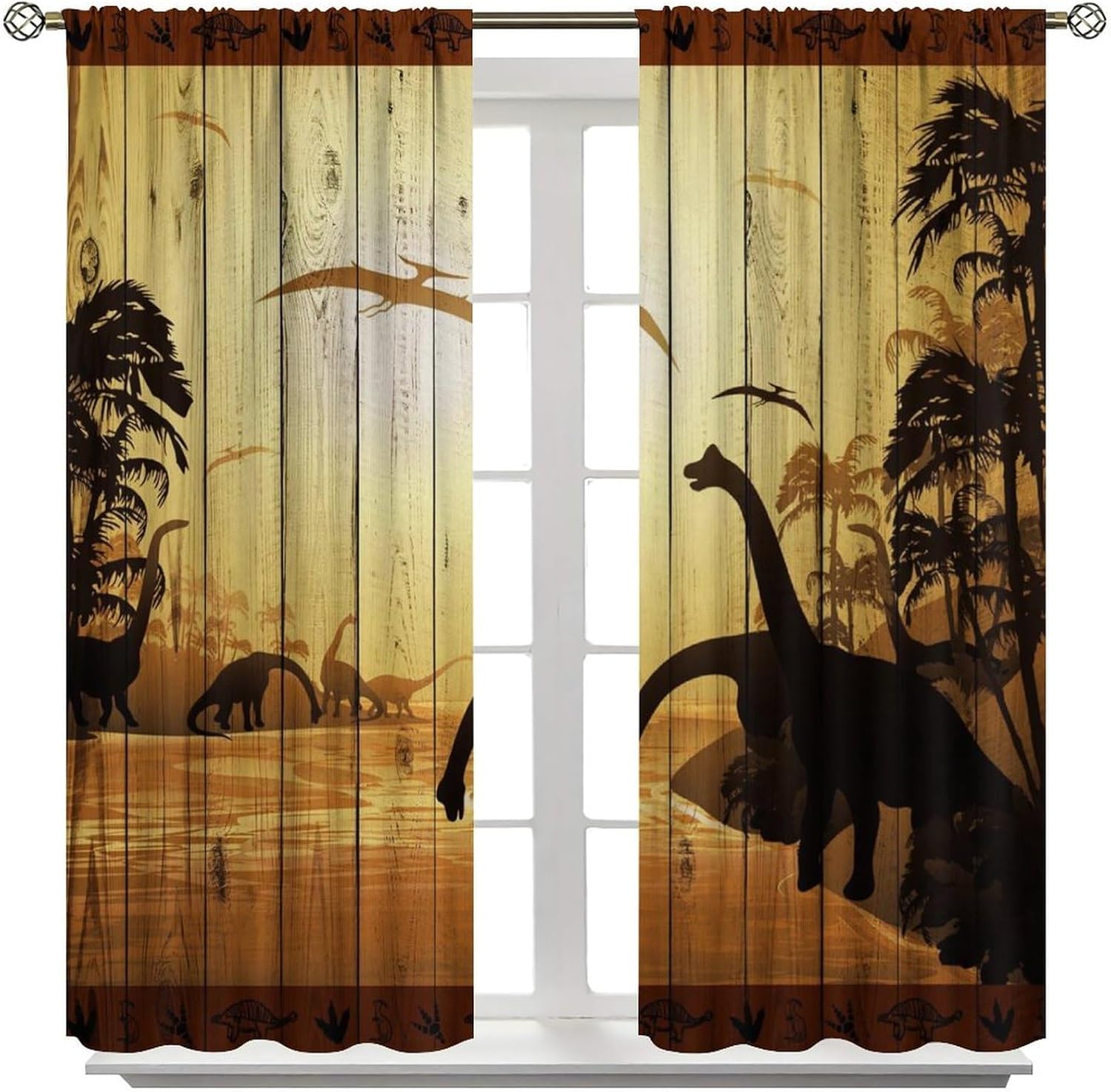 Brebasf Abstract Wood Board Dinosaur Curtains for Living Room Watercolor Nature Landscape Tropical Jungle Dinosaur Silhouette Thermal Insulated Rod Pocket Blackout Curtains 2 Panels 63" L x 27.5" W