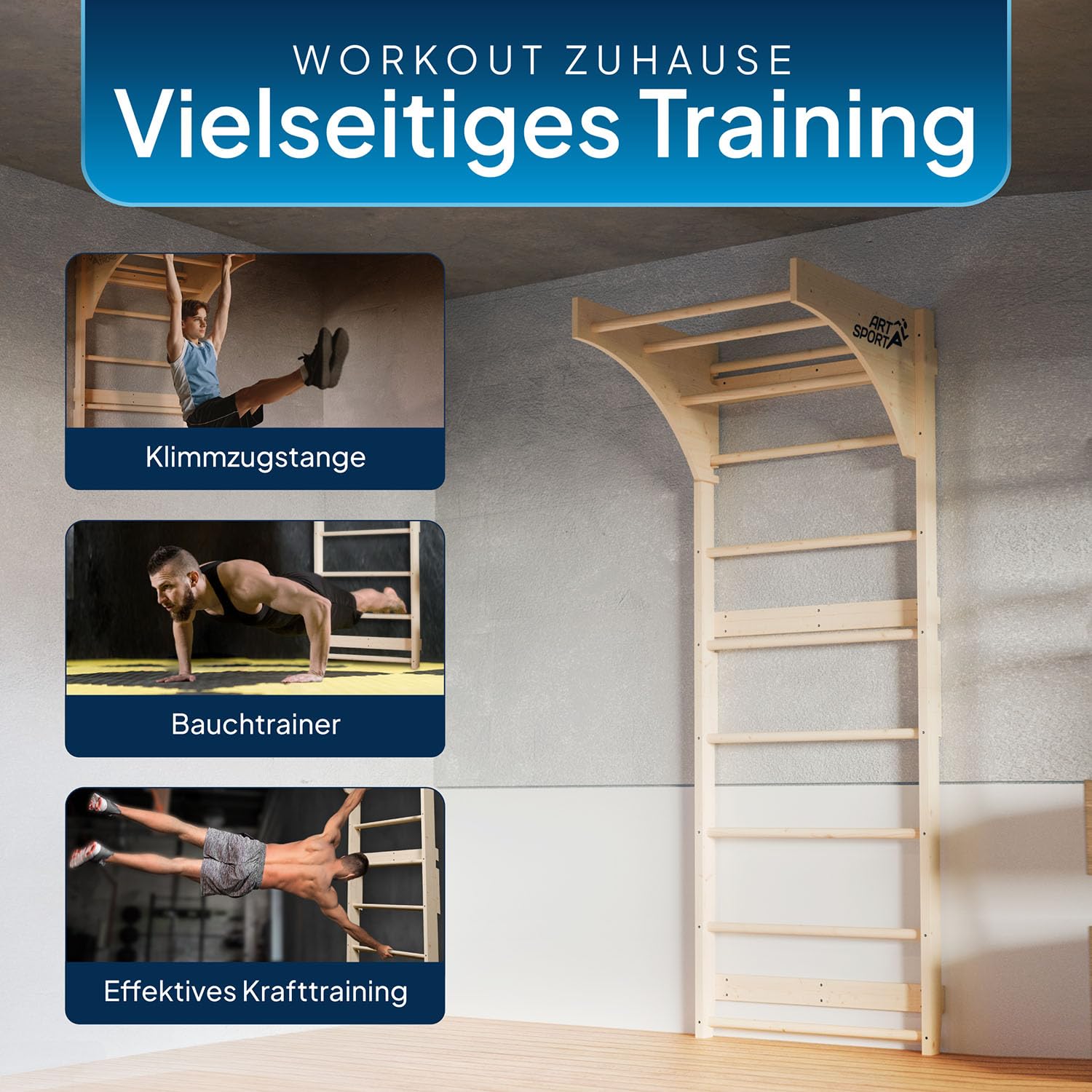 ArtSport Sprossenwand für Erwachsene – Indoor Klettergerüst aus Holz mit Klimmzugstange, stabile Kletterwand zur Wandbefestigung für Fitness & Training – Natur