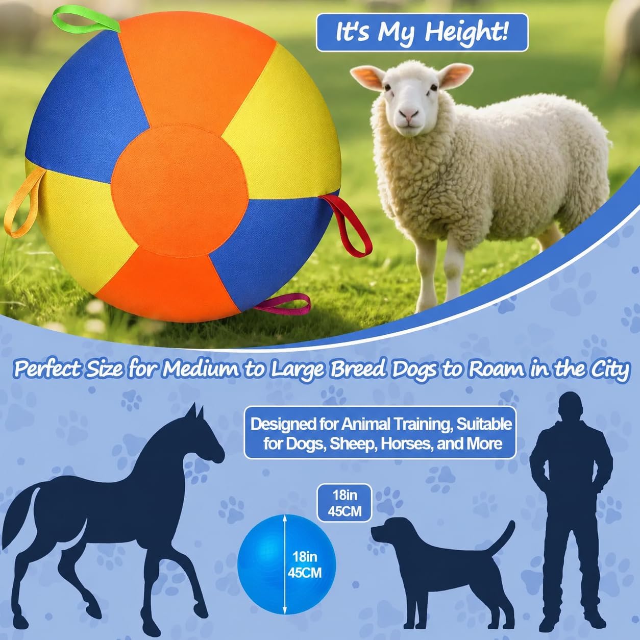 Herding Ball for Dogs Durable Tear Resistant Inflatable Big Ball Tough Herding for Play Exercise Toy with Heavy Duty Handle Cover & Pump, Jumbo Size for Active Herding Breeds - 18"/45cm