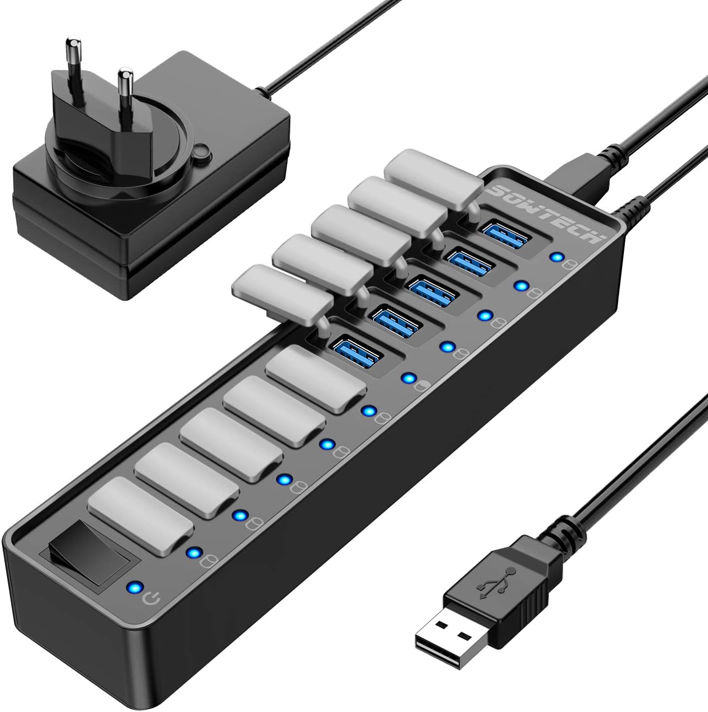 Hub USB 10 Puertos, SOWTECH 12V 3A Hub USB 3.0 Alimentacion Externa