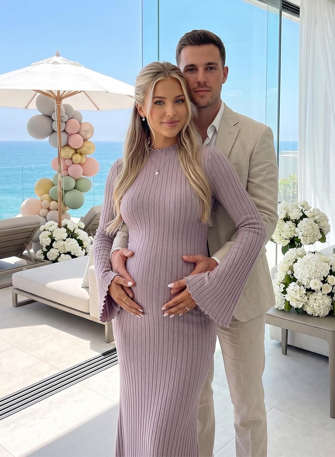 BLENCOT Maternity Dresses Bell Sleeve Pregnancy Bodycon Sweater Dress