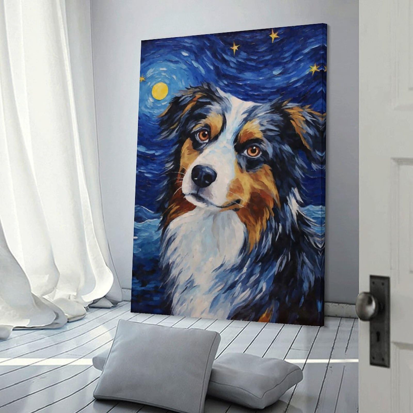 Junmoney Frame-Style-7 Canvas Wall Art Australian Shepherd Night, 24X36inch(60X90cm), For Bedroom, Lounge Or Dressing Area, Canvas Wall Decor For Personal Spaces