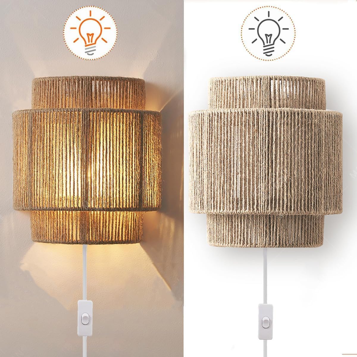Wandleuchte Innen mit Schalter, E27 Boho Vintage Rattan Wandlampe mit Stecker Kabel, UP & Down Beleuchtung Nachttischlampe Handgewebter Rustikal Rattan Bambus Dekolampe für Wohnzimmer Schlafzimmer