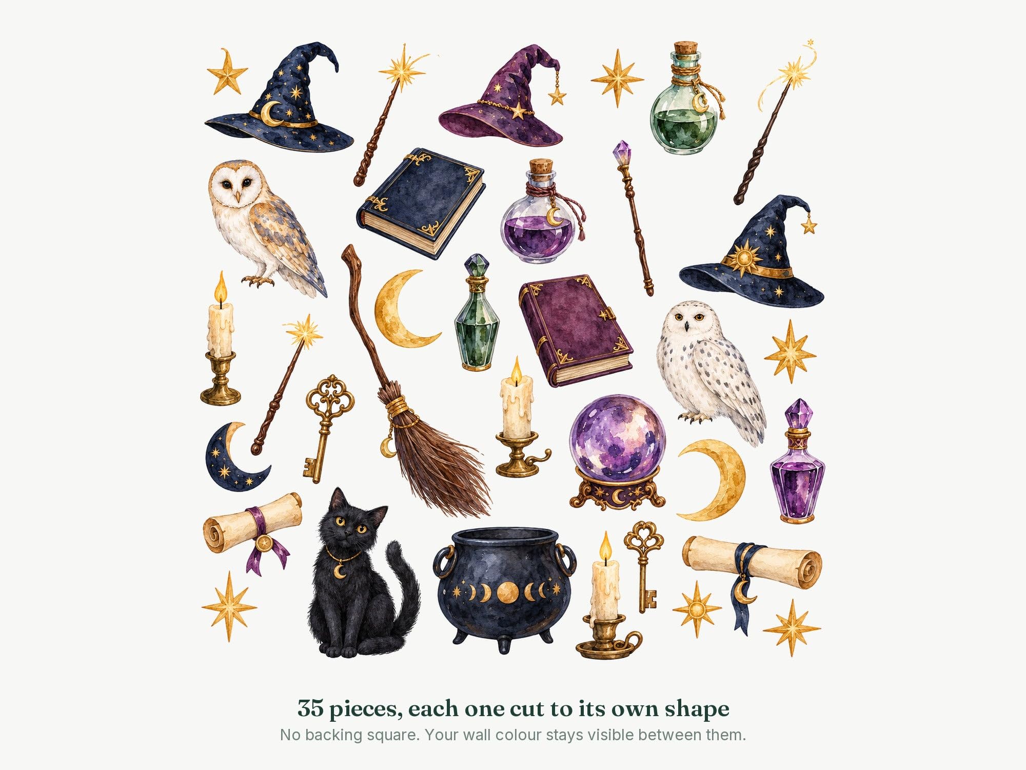 MOOGCO Wizard Academy, set di 35 adesivi da parete per cameretta dei bambini, finitura satinata rimovibile, 59in / 59in / 150 x 150 cm (larghezza x altezza)