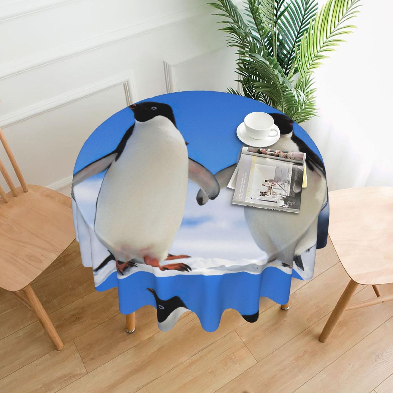 DEXNEL Penguin Print 60'' Round Tablecloth Retro Polyester Washable Cover for 4-6 Seat Dining Table Boho Decor
