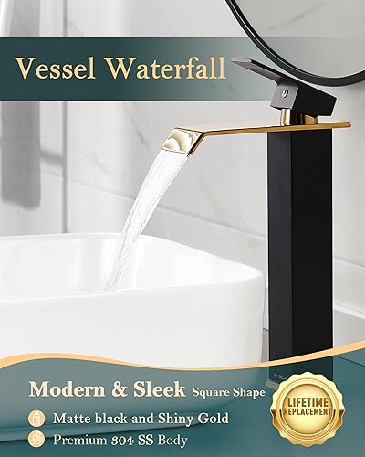 Miniatura 2 de Grifo de lavabo alto en cascada de color negro y dorado, grifo de baño de acero inoxidable 304 de un solo orificio con drenaje desplegable de metal,