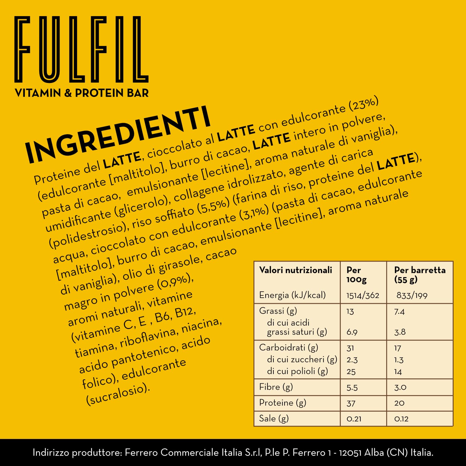 FULFIL - 15 Barrette Proteiche da 55 Grammi, Gusto Cioccolato Croccante al Latte con 9 Vitamine e Pochi Zuccheri, Confezione da 825 Grammi