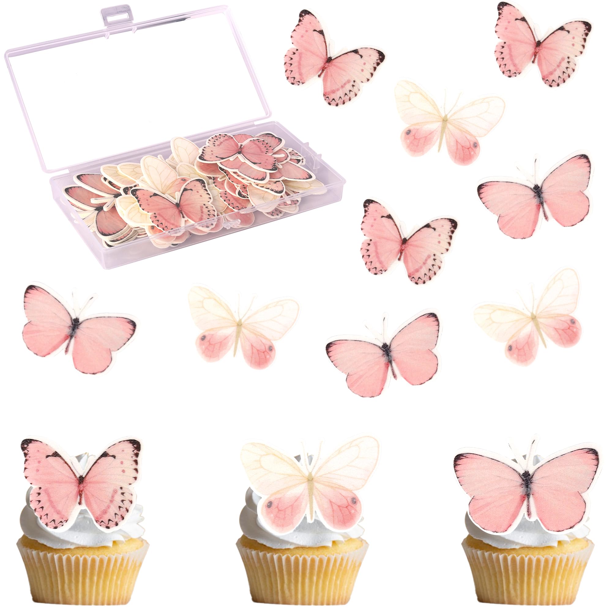 60 PCS Butterfly Cupcake Toppers Edible Butterfly Cake Decorations Edible Butterflies Cupcake Picks for Butterflies Theme Baby Shower Happy Birthday Party Cake Decoration Supllies Pink