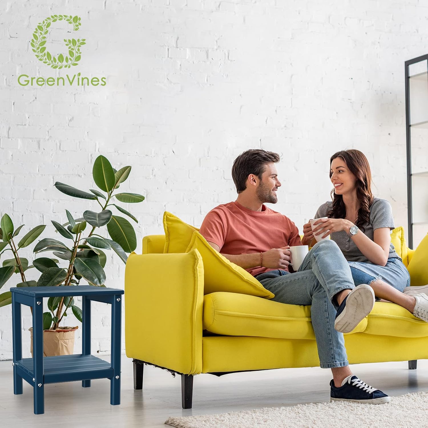 GREENVINES Adirondack-Outdoor-Side-Table | 14 x 13 Inches | HDPE Plastic | All Weather | Blue | Outside End Tables | Storage Shelf | for Patio Porch Backyard Indoor
