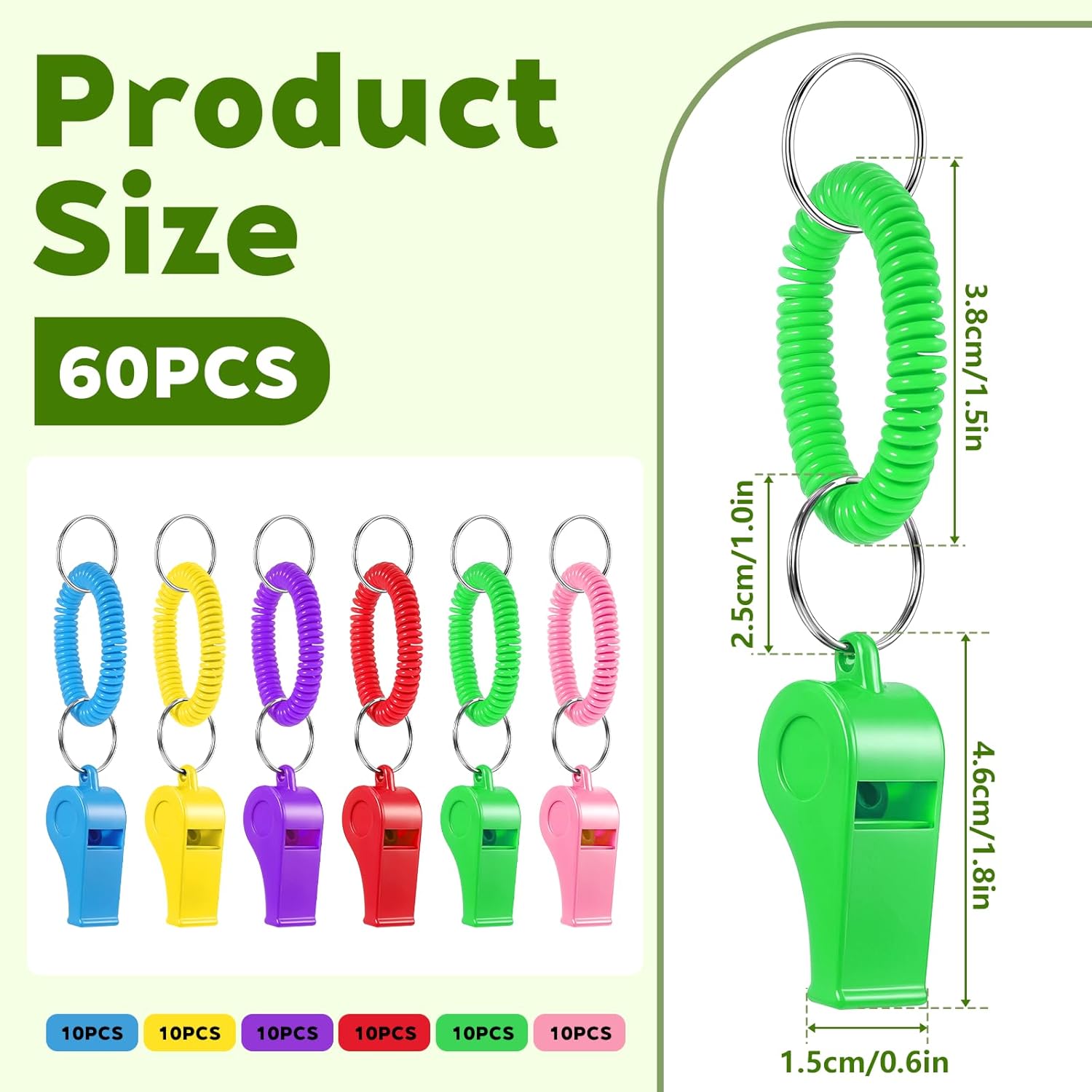 60 Pcs Sport Whistle with Bracelet, 6 Colors Plastic Loud Sound Whistles Portable Colorful Whistles with Stretchable Coil Wrist and Keychain Ring for Coaches, Referees, Adults, Outdoor Sports