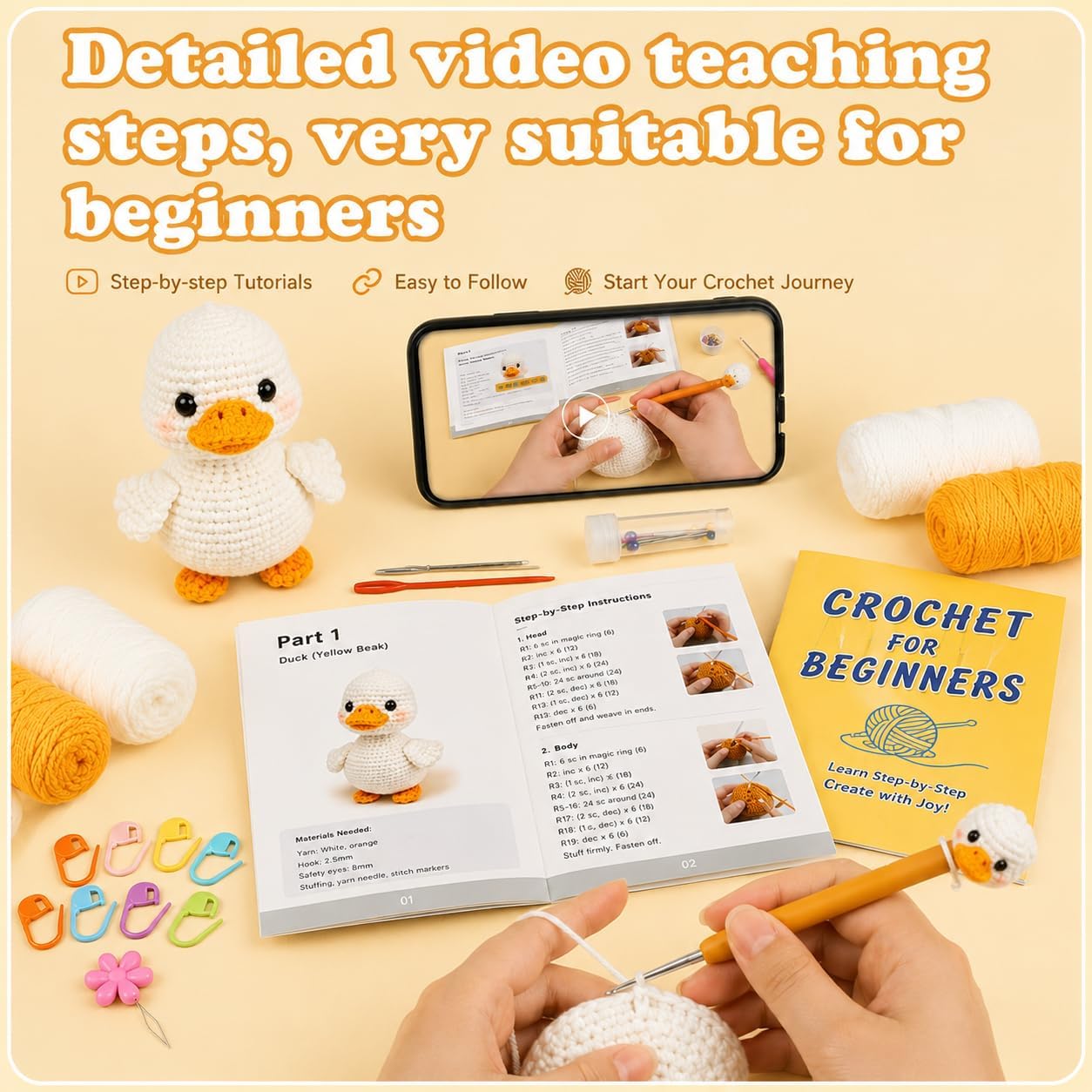 Hookcrafted White Duck Amigurumi Crochet Kit for Beginners, Complete DIY Craft Supplies with Instructions, Cute Standing Duckling Animal Crochet Starter Kit, Handmade Table Decor Gift