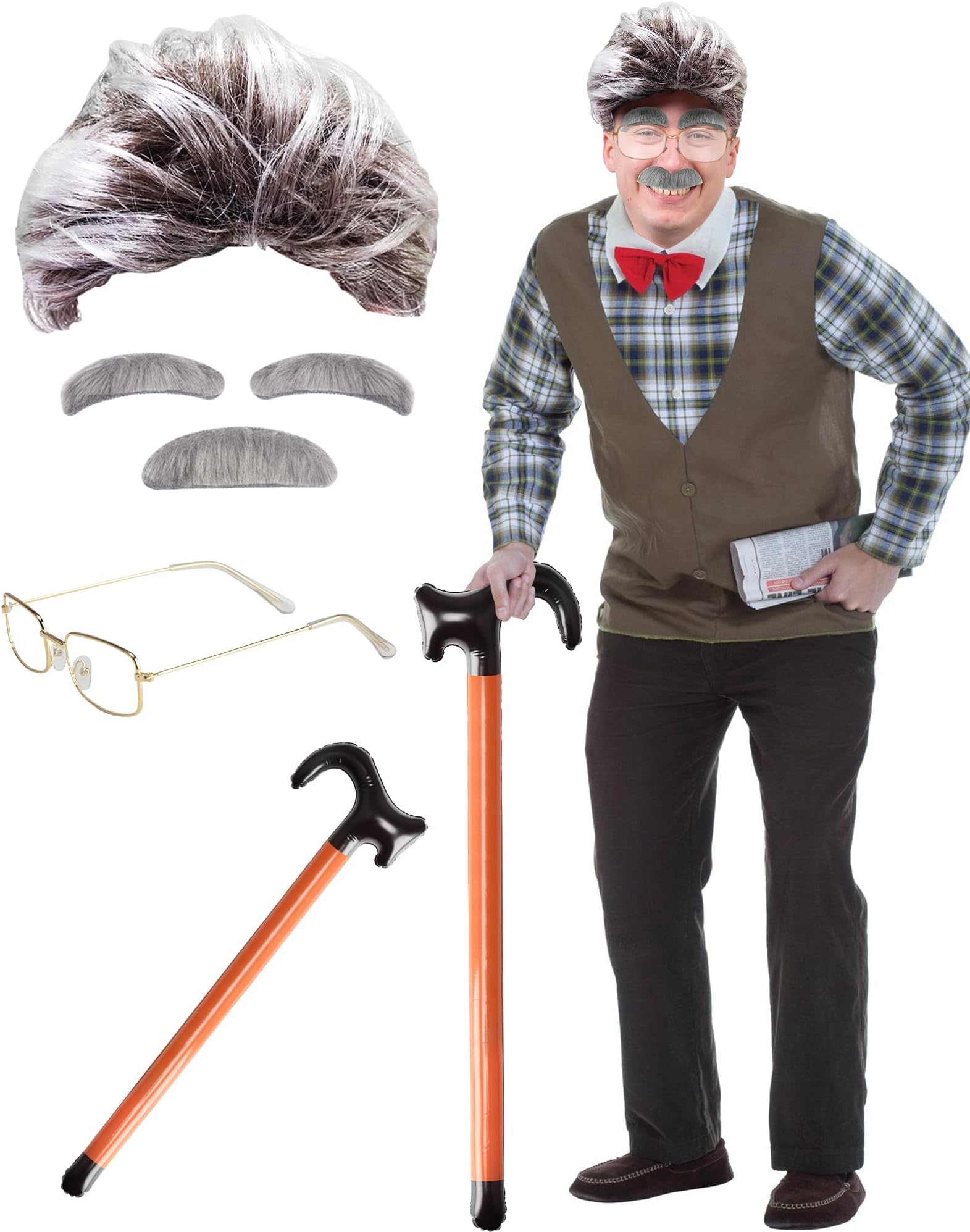 Old Man Costume with Old Man Wig, Mustache, Eyebrows, Round Glasses and Inflatable Walking Stick, Men Halloween Carnival Novelty Props Old Professor Mad Scientist Albert Einstien Grandpa Costume