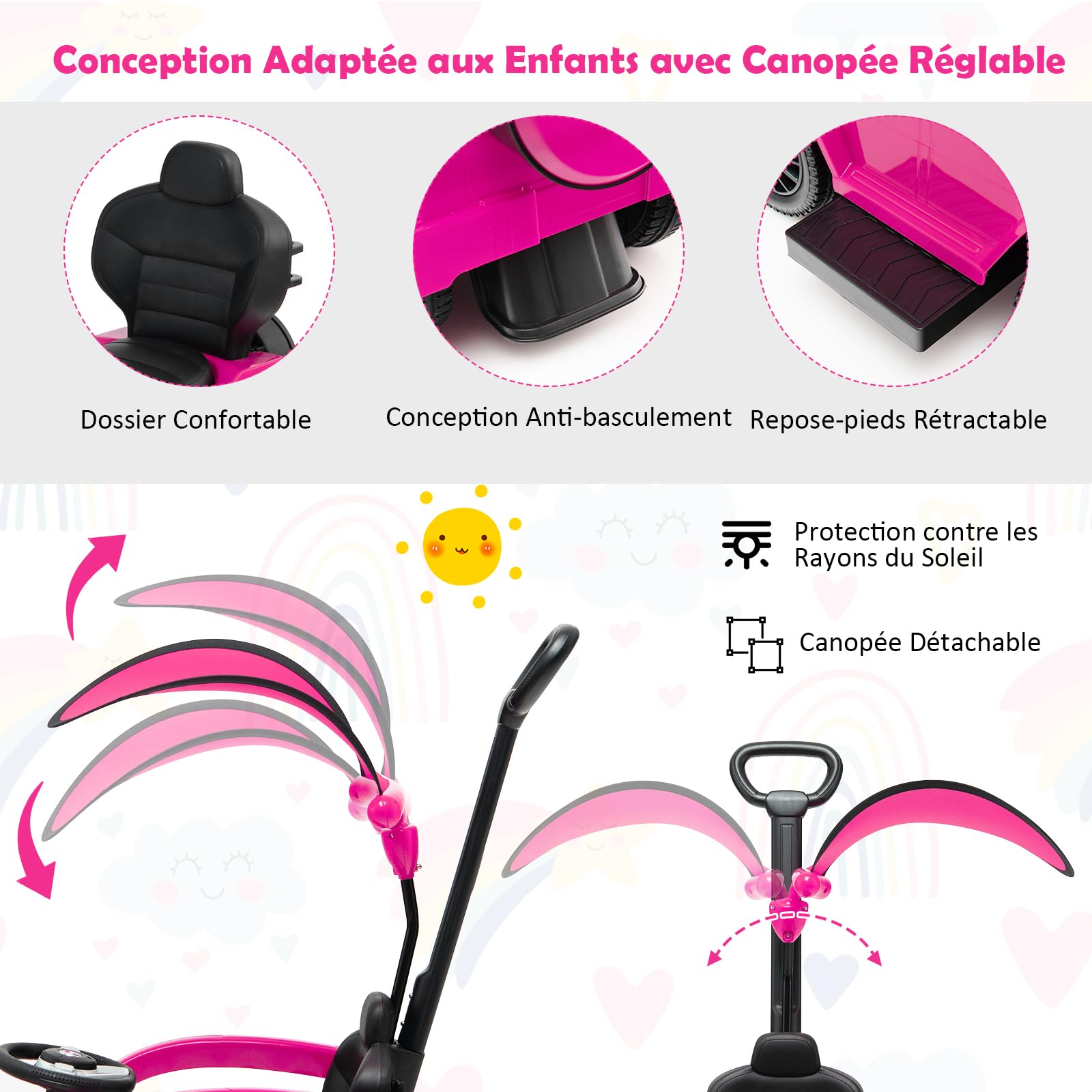 COSTWAY 3 en 1 Mercedes-Benz Porteur Enfant avec Poignée Détachable & Auvent Amovible, Voiture à Pousser Bébé avec Volant & Klaxon, Espace Caché & Repose-Pieds, Charge 25kg pour 1-3 Ans (Rose)