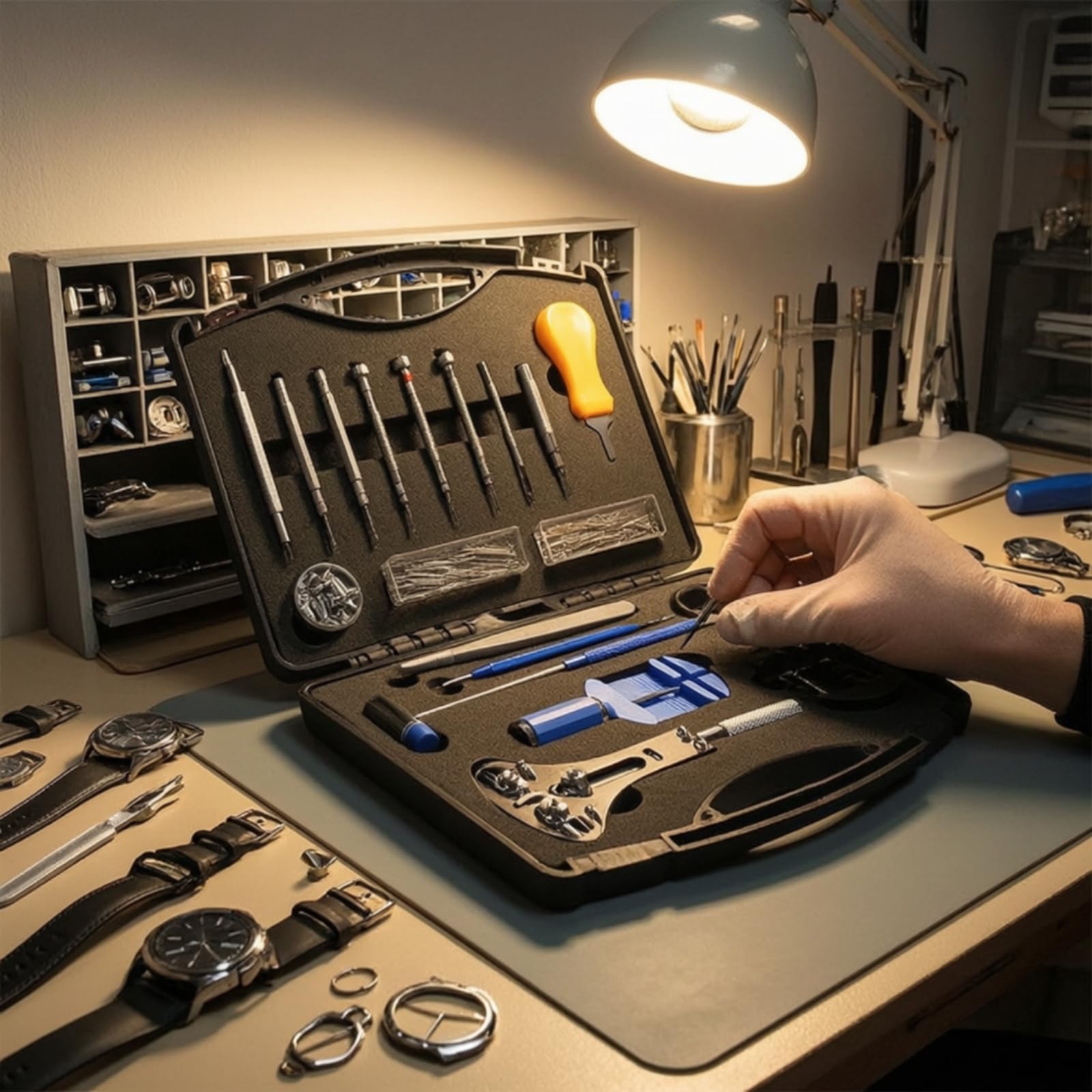 Kit Riparazione Orologi Set Attrezzi Utensili Strumenti Cassa Apricasse con Estrattore Maglie Cacciaviti Strumento Molle Pinzette Alloggiamenti