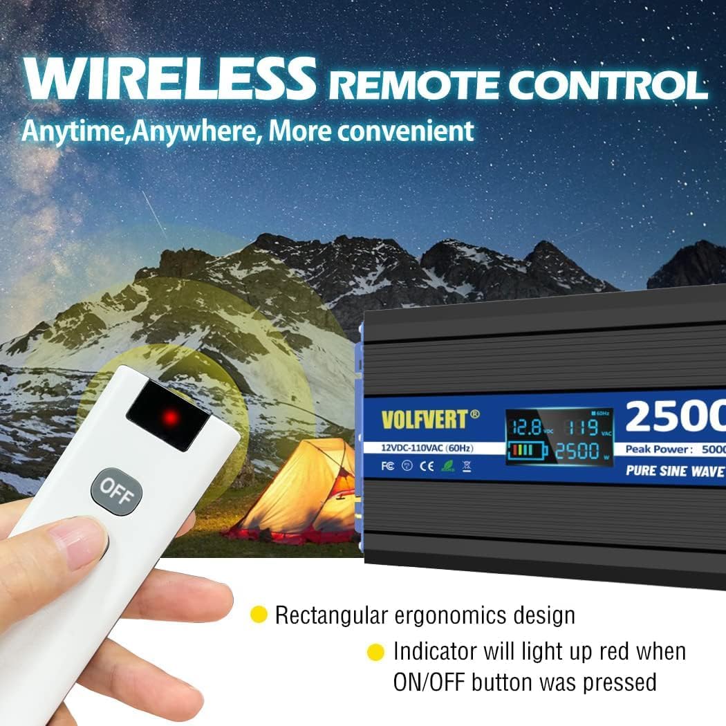 A hand holding the wireless remote control for the VOLFVERT 2500W Pure Sine Wave Power Inverter, with ON and OFF buttons visible, against a backdrop of an outdoor camping scene.