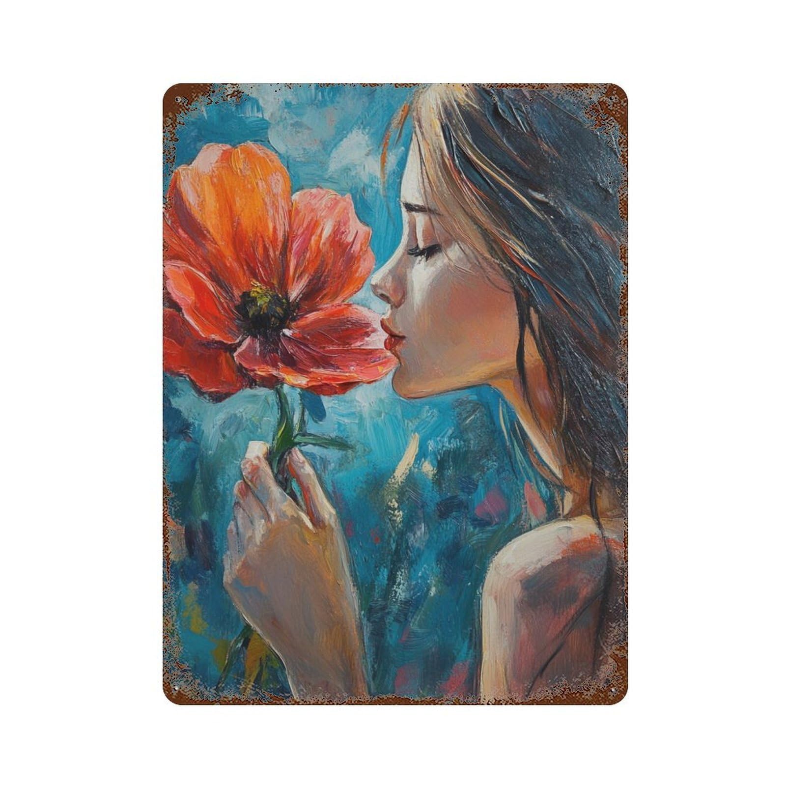 Vintage Rust Metal Sign Floral Serenity Painting 15.7"x11.8", Old School Wall Decor for Garage, Bar And Workshop Decor
