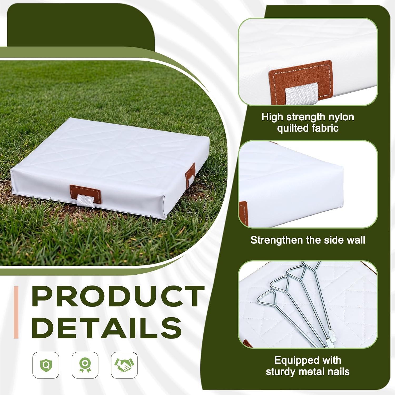 6 Pack Baseball & Softball Cover Bases Set 15" x 15" x 3" Quilted Foam & PVC Base Pads with 2 Heavy Duty Stakes Each, White Portable Training Bases for Practice