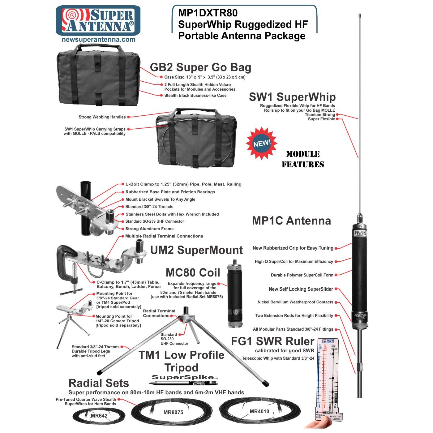 Super Antenna MP1DXTR80 HF SuperWhip Tripod All Band 80m MP1 Antenna