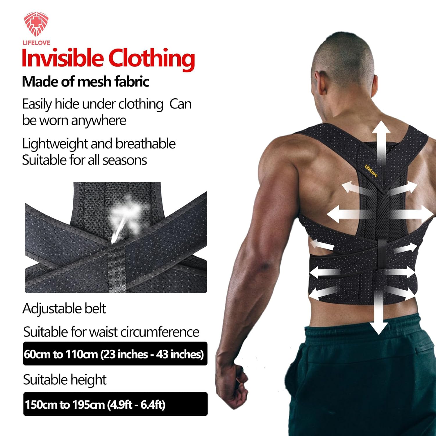 LifeLove Adjustable Posture Support Brace for Upper Back & Shoulders, Fits Height Under 200cm & Waist Under 120cm (Shoulder 105cm, Waist 115cm, Back 40cm), One Size (Black Gold, One Size Fits Most)