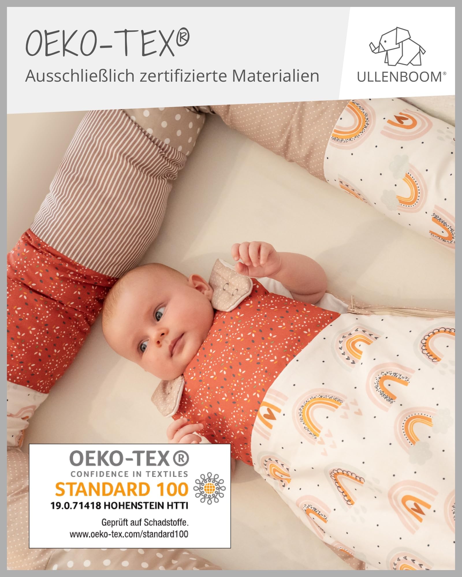 ULLENBOOM ® Baby Kuschelschlange 400x13 cm Regenbogen (Made in EU) - Kuschelschnecke in vielen Farben und Größen, Bezug: 100% OEKO-TEX Baumwolle, Nackenrolle