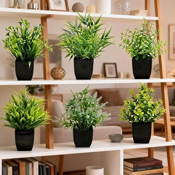 Fake Plants,6 Pack Small Potted Artificial Greenery Decor for Shelves Bathroom Desk Home Kitchen Office Table