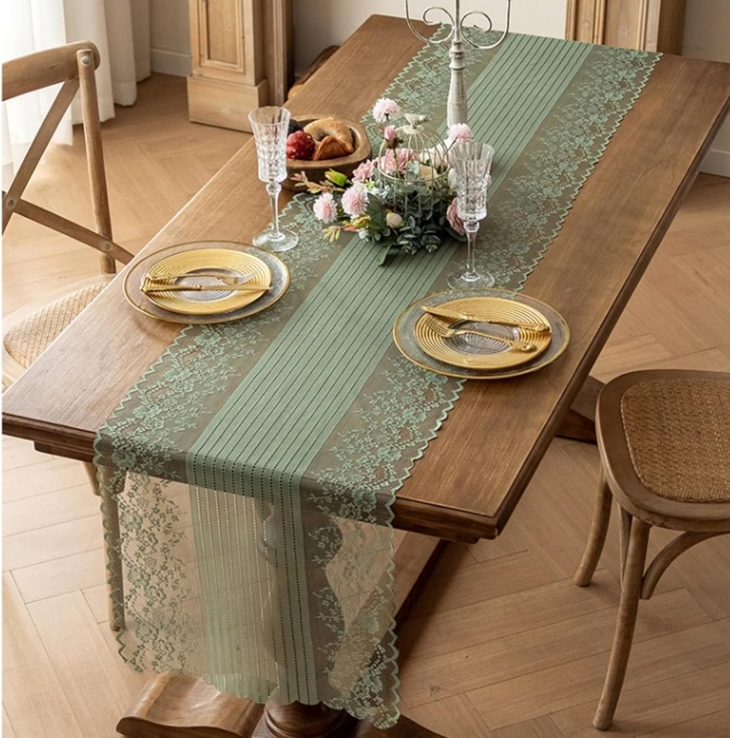 Sage Green Lace Table Runners Rustic Boho Cloth Wedding Vintage Romantic Lace Tablecloth Summer Kitchen Party Decor for Bridal Shower Halloween Engagement Hotel Home (Green, 18" x106")