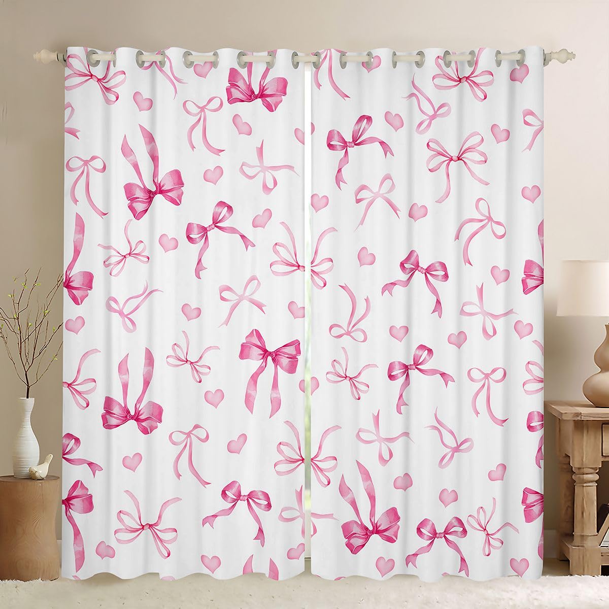 Homewish Różowa wstążka kokarda zasłony okienne 117 x 183 cm, 2 zestawy paneli - różowe kokardki miłość zasłony zaciemniające urocza kokarda węzeł zasłony okienne zasłony dziewczęce