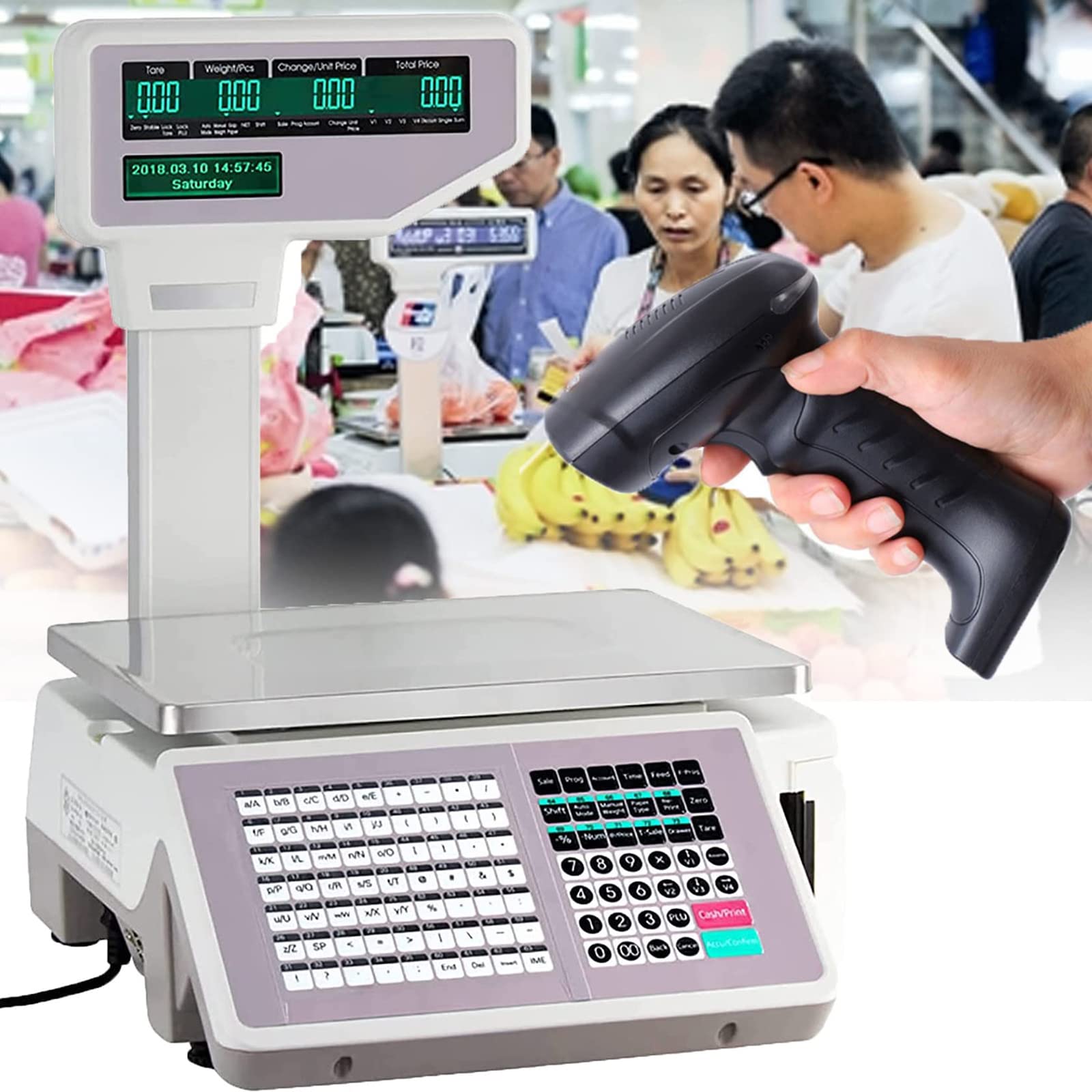 MYUYEE Label Printing Scale,Digital Price Computing Scale With Double-Sided Lcd Display 30Kg/60Lbs Electronics Scale Cash Register Label Receipt Printing Cash Regi