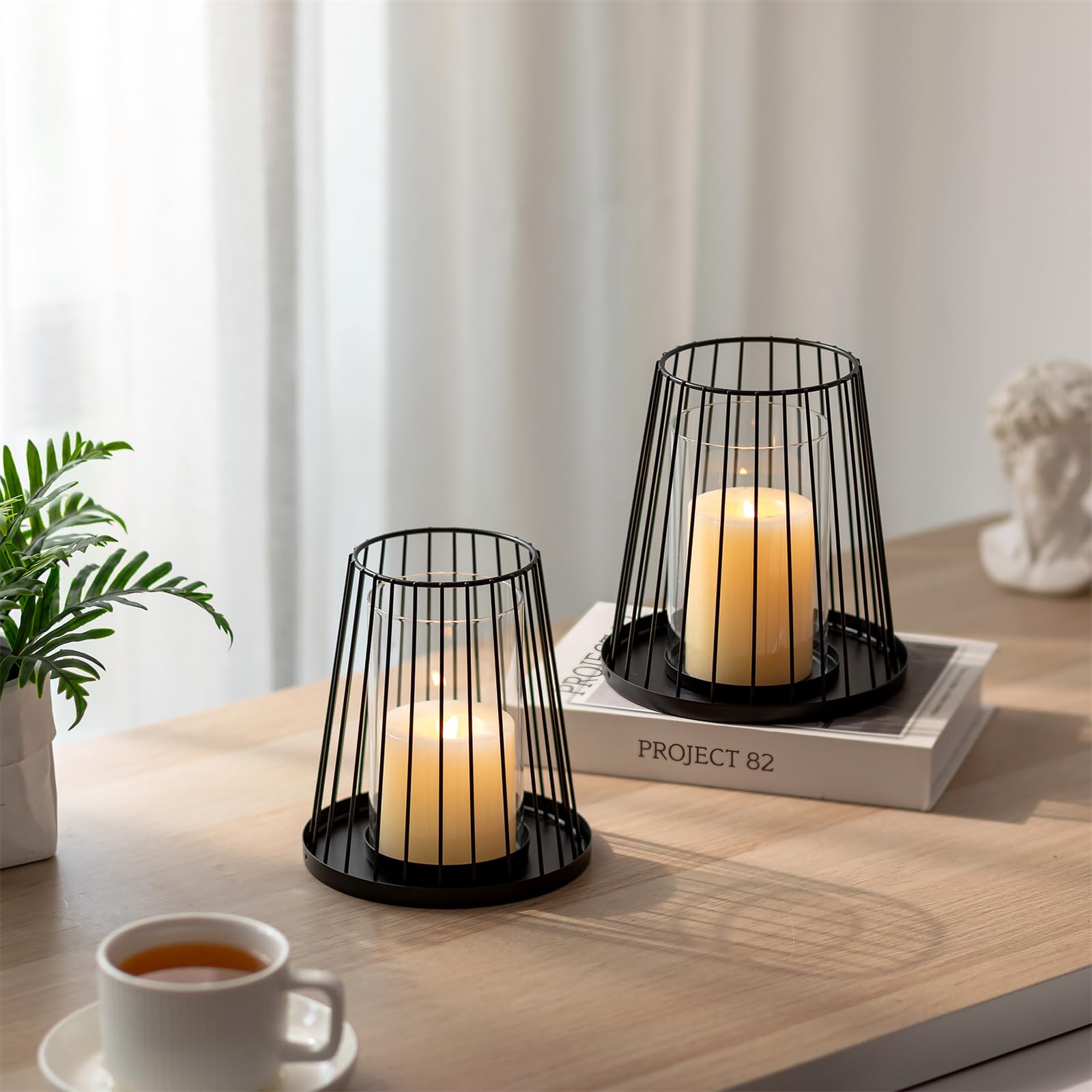 Sziqiqi Portacandele a Colonna Nero Decorazione: Moderni Portacandele da Esterno per Soggiorno Decorazione Tavolo - Set di 2 Porta Candele in Metallo Filo di Ferro per Balcone Camera da Letto Natale