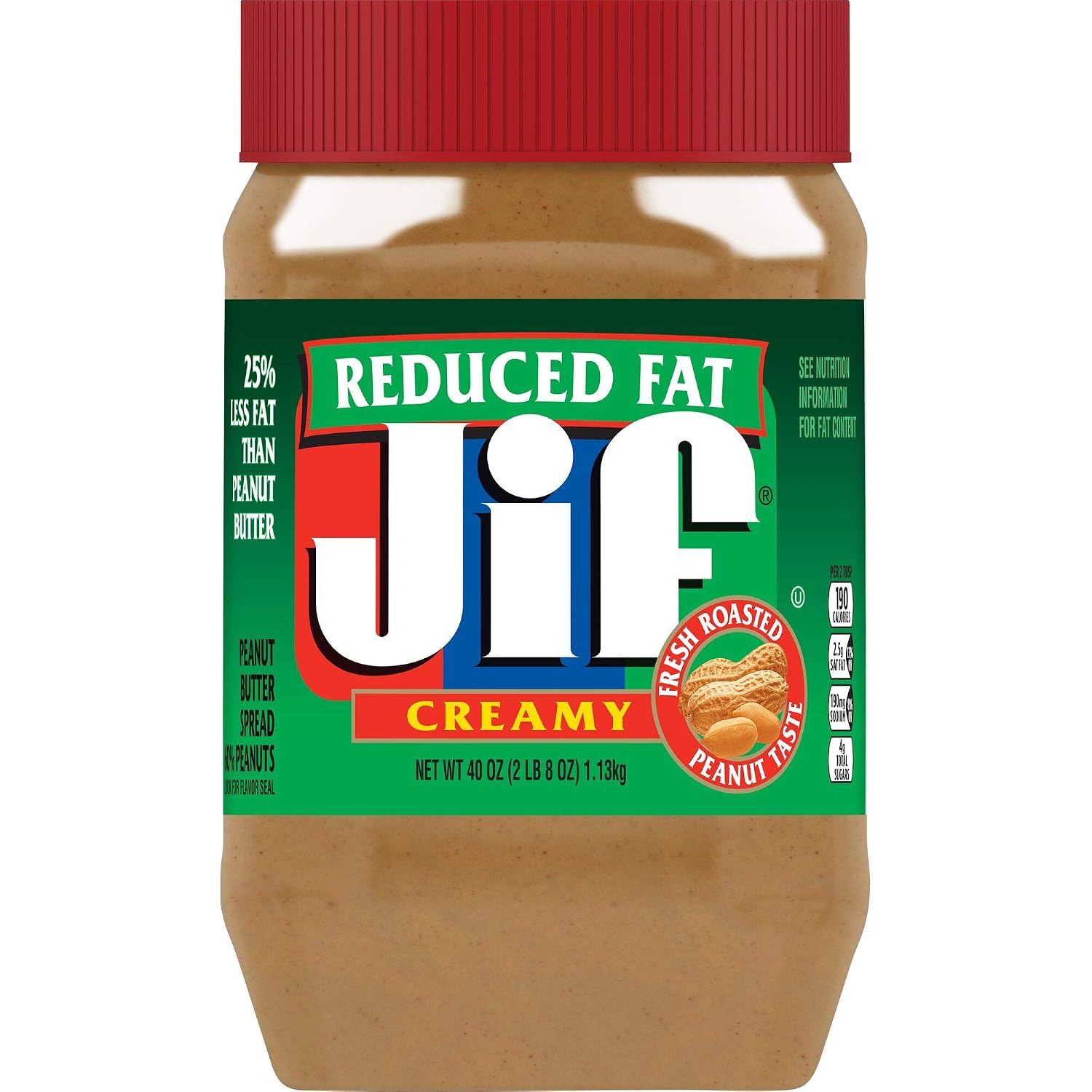 Jif Reduced Fat Creamy Peanut Butter Spread, 40 Ounces, 60% Peanuts
