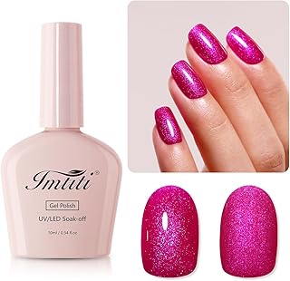 Imtiti Hot Pink Iridescent Glitter Gel Nail Polish, Soak Off LED U V Shimmer Sparkle Nail Gel Polish DIY Nail Art Starter Manicure Salon Kit for Women Girls 10ML