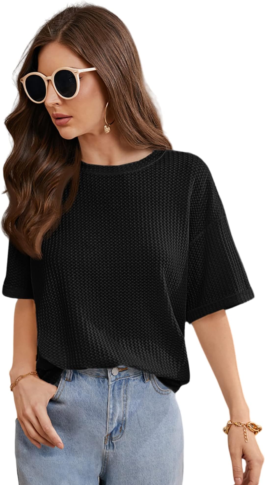ZilconWomen Fashion Waffle Round NeckWomen Printed Round Neck Oversized T-Shirt | Loose Fit Drop Shoulder T-Shirt
