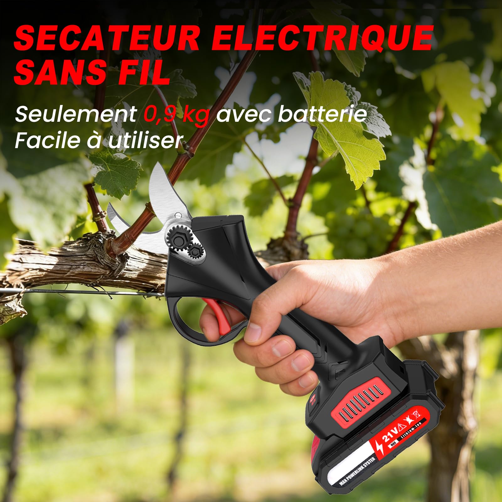 Secateur Electrique sans Fil,30mm Sécateur électrique,21V,2 * 2.0Ah Batteries,Moteur sans Balais,1*Lame de Rechange,0,9 kg Corps Léger, Idéal pour Tailler les Branches dans Jardins, Vergers et Fermes
