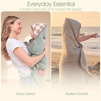 Muslin Baby Bath Towels Set Organic Cotton Blend (Earthy Matcha)