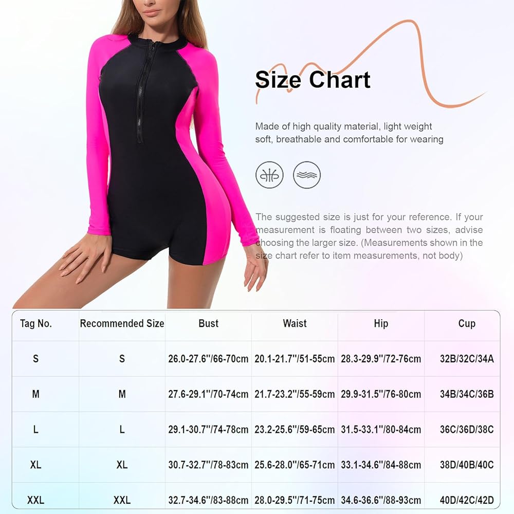 Hedmy Women Zipper Long Sleeve Swimsuit UPF50 Sun Protection
