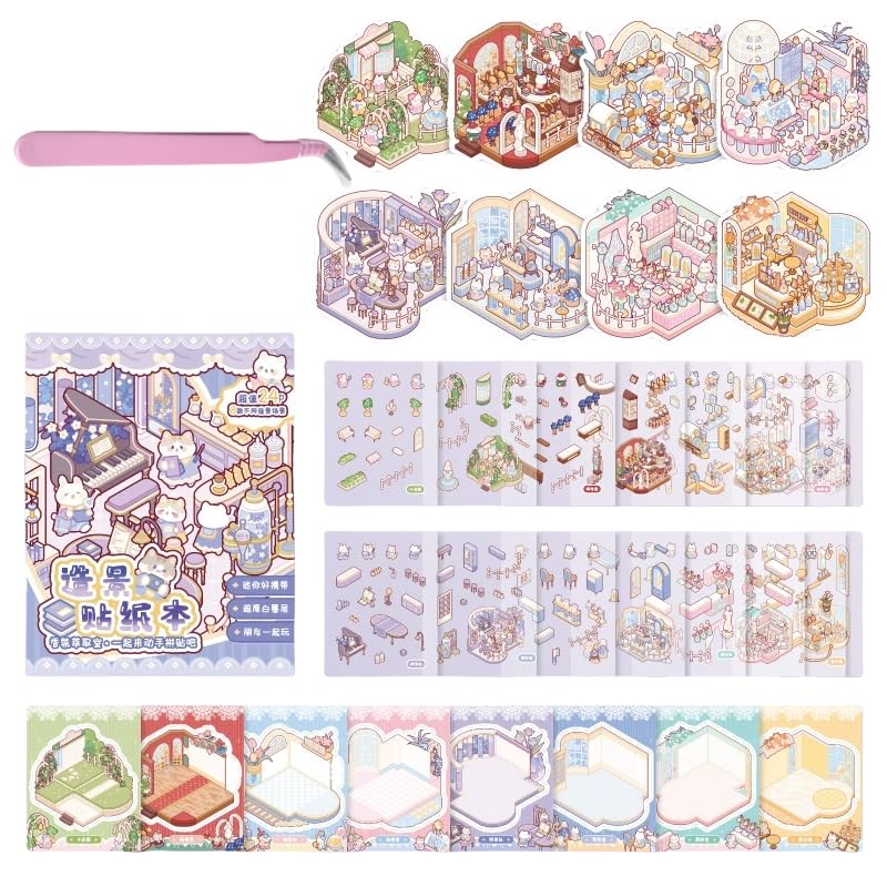 16 Sets Mini DIY 3D Sticker Scene Collection Book for Adults Cute Play Park Hamburg Castle Library Make Your Own Shop House Stickers Therapy for Adult Relief Stress Pass The Time
