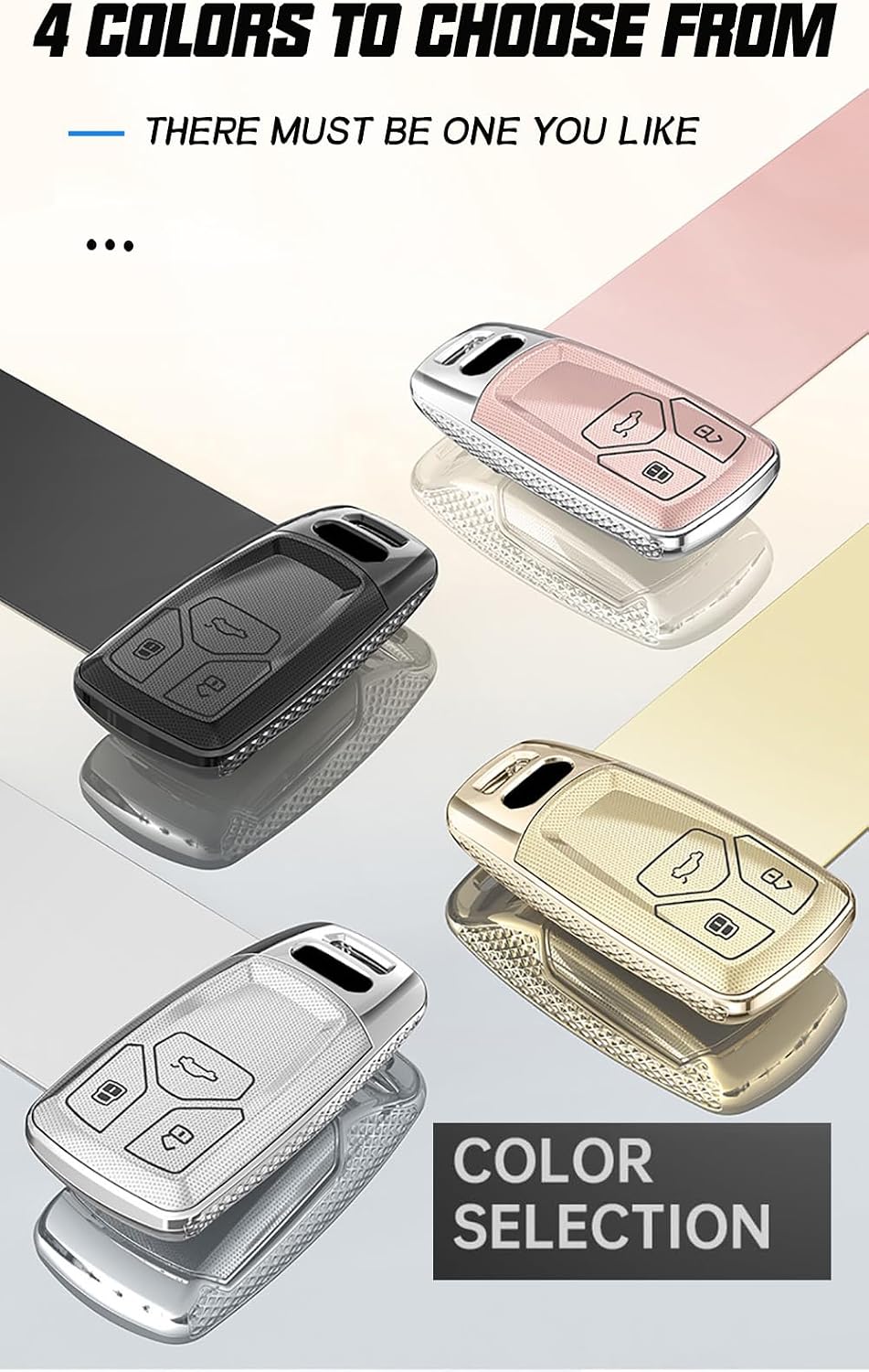 SANRILY PC Plating Smart Key Fob Cover Compatible with Audi A4 2018 2019 Q7 Q5 TT A3 A6 SQ5 R8 S5 Keyless Key Shell with Leather Golden