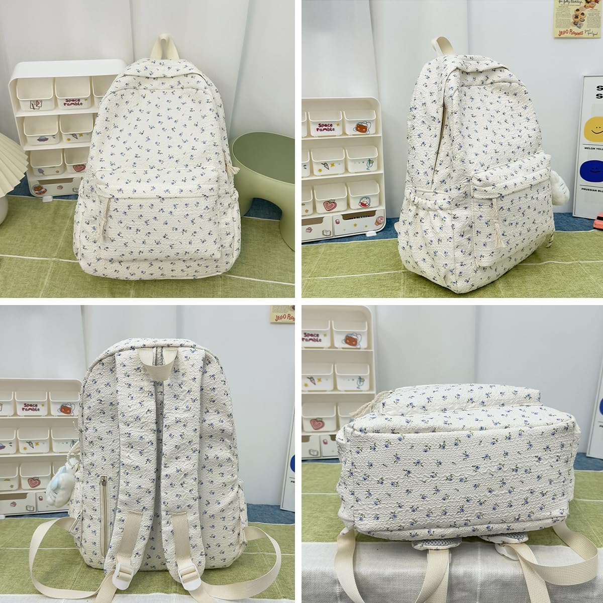 Kawaii Cute Floral Print Commuter Backpack For Women 16.5 Inch Fashion Daily Casual Lightweight Travel Bag Beige image 3