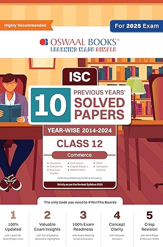 ISC 10 previous years' solved papers year-wise 2014-2023, Class-12, Commerce: Accounts, Economics, Business studies, commerce, English 1, English 2, Maths, Hindi, Computer science (For 2024 Exam)