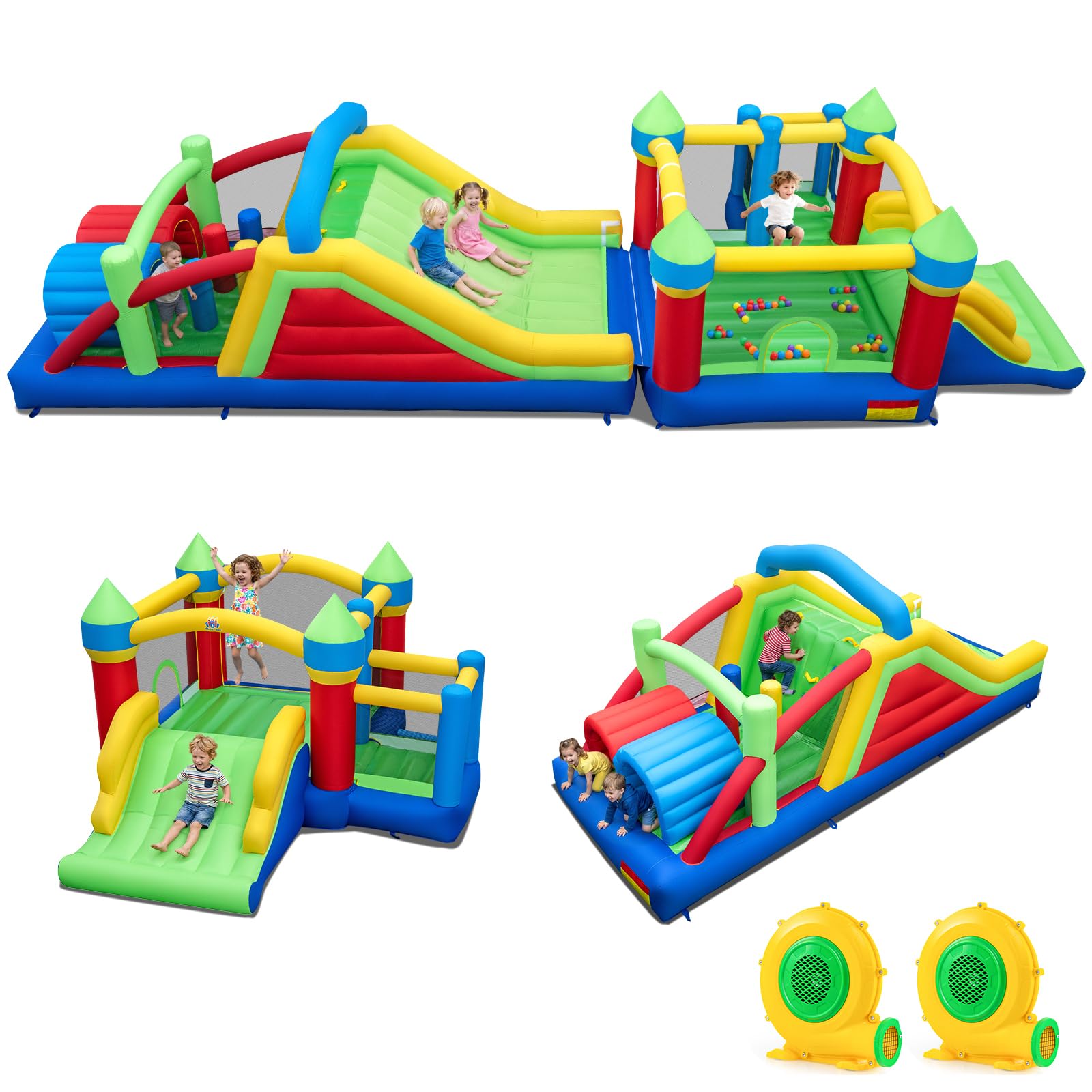 COSTWAY Castello Gonfiabile per Bambini, Parco Giochi Gonfiabile con Scivolo Lungo e Trampolino, Pali Ostacolo, Parete Arrampicata e Palline Oceaniche, per Bambini 3-12 Anni (Con Soffiatore)
